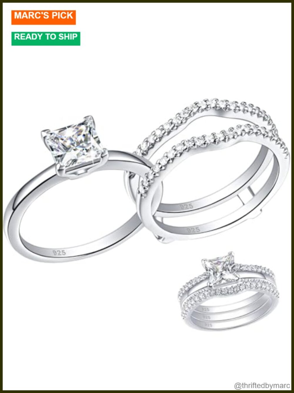 925 Sterling Silver Solitaire Princess CZ Engagement Rings Set